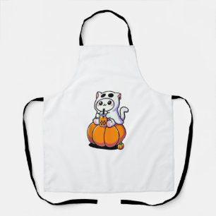 Cute Halloween Cat in Ghost Costume Drinking Boba  Apron