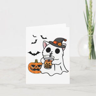 Cute Halloween Cat In Ghost Costume Drinking Boba Card