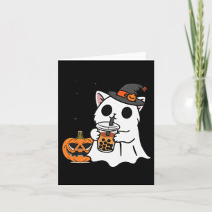 Cute Halloween Cat In Ghost Costume Drinking Boba Card