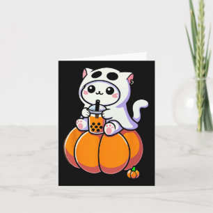 Cute Halloween Cat In Ghost Costume Drinking Boba Card