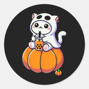 Cute Halloween Cat In Ghost Costume Drinking Boba Classic Round Sticker