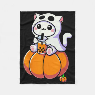 Cute Halloween Cat In Ghost Costume Drinking Boba Fleece Blanket