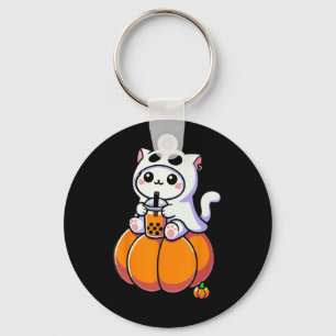 Cute Halloween Cat In Ghost Costume Drinking Boba Key Ring