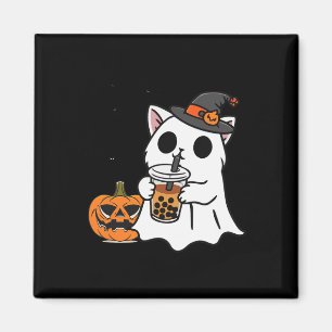 Cute Halloween Cat In Ghost Costume Drinking Boba Magnet