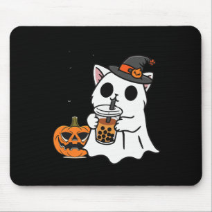 Cute Halloween Cat In Ghost Costume Drinking Boba Mouse Pad