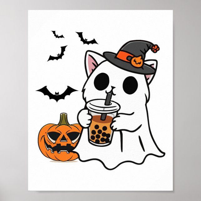 Cute Halloween Cat In Ghost Costume Drinking Boba  Poster (Front)