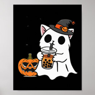 Cute Halloween Cat In Ghost Costume Drinking Boba Poster