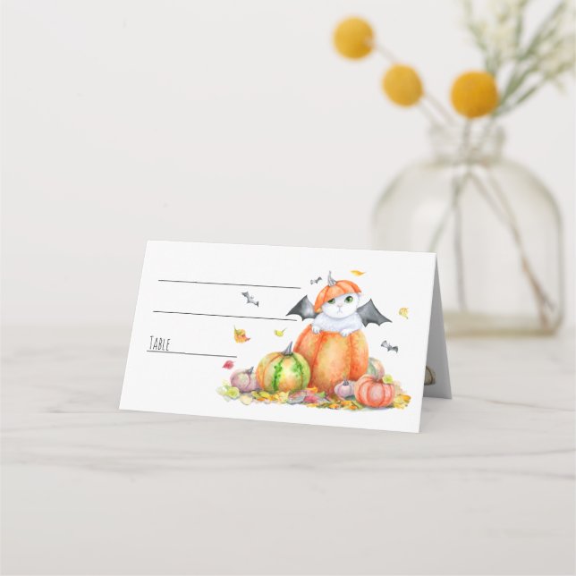 Cute Halloween Cat in Pumpkin Place Card (Front)