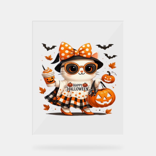 Cute Halloween Cat – Kawaii Witch Kitty with Pumpk Acrylic Sign (Front)
