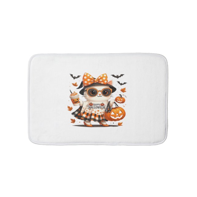 Cute Halloween Cat – Kawaii Witch Kitty with Pumpk Bath Mat (Front)