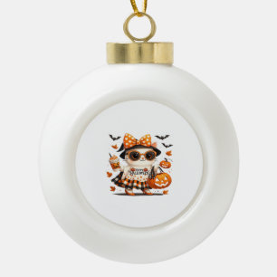 Cute Halloween Cat – Kawaii Witch Kitty with Pumpk Ceramic Ball Christmas Ornament