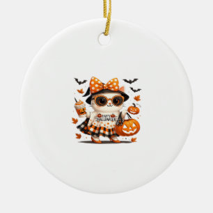 Cute Halloween Cat � Kawaii Witch Kitty with Pumpk Ceramic Ornament
