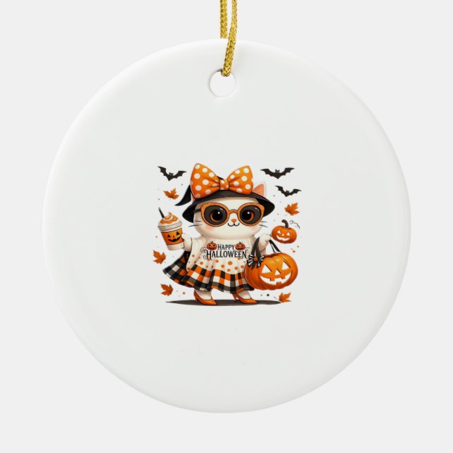 Cute Halloween Cat � Kawaii Witch Kitty with Pumpk Ceramic Ornament (Front)