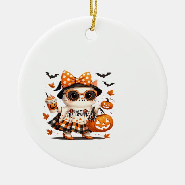 Cute Halloween Cat � Kawaii Witch Kitty with Pumpk Ceramic Ornament (Front)