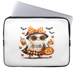 Cute Halloween Cat – Kawaii Witch Kitty with Pumpk Laptop Sleeve