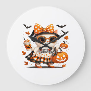 Cute Halloween Cat � Kawaii Witch Kitty with Pumpk Large Clock