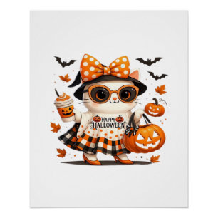 Cute Halloween Cat � Kawaii Witch Kitty with Pumpk Poster