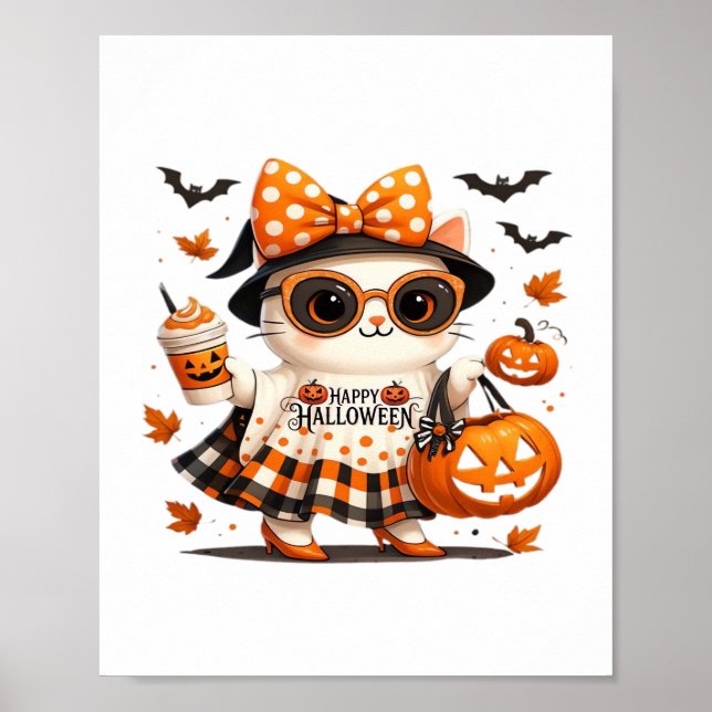 Cute Halloween Cat – Kawaii Witch Kitty with Pumpk Poster (Front)