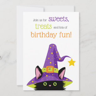Cute Halloween Cat Purple, Green, Orange Birthday Invitation