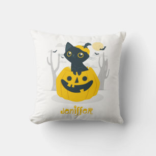 Cute Halloween Cat Rising From Pumpkin Bats Moon Cushion