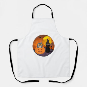 Cute Halloween Cat Scene Witch Pumpkin Bat Full Mo Apron