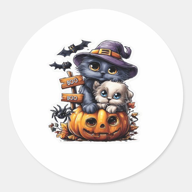Cute Halloween Cat Sticker � Witch Hat, Pumpkin an (Front)