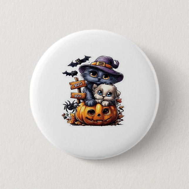 Cute Halloween Cat Sticker � Witch Hat, Pumpkin an 6 Cm Round Badge (Front)
