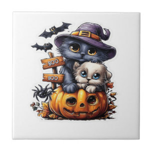 Cute Halloween Cat Sticker � Witch Hat, Pumpkin an Ceramic Tile