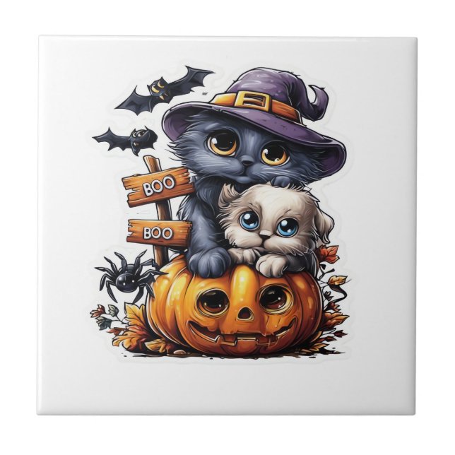 Cute Halloween Cat Sticker � Witch Hat, Pumpkin an Ceramic Tile (Front)