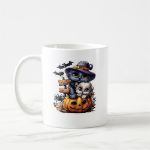 Cute Halloween Cat Sticker � Witch Hat, Pumpkin an Coffee Mug