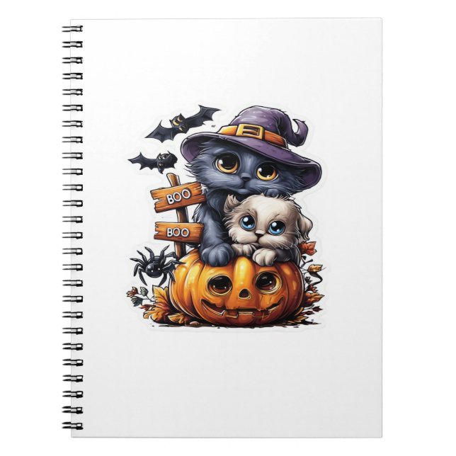 Cute Halloween Cat Sticker � Witch Hat, Pumpkin an Notebook (Front)