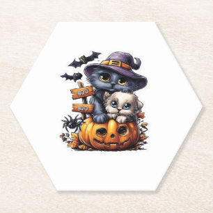 Cute Halloween Cat Sticker � Witch Hat, Pumpkin an Paper Coaster