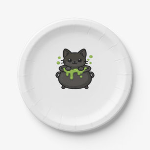 Cute Halloween Cat Sticker � Witch Hat, Pumpkin an Paper Plate