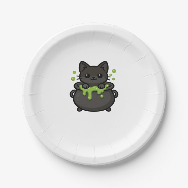 Cute Halloween Cat Sticker � Witch Hat, Pumpkin an Paper Plate (Front)