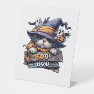 Cute Halloween Cat Sticker – Witch Hat, Pumpkin an Pedestal Sign