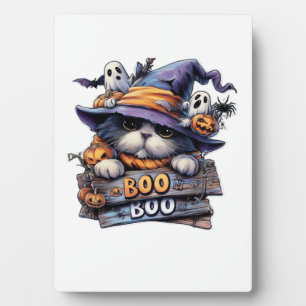 Cute Halloween Cat Sticker – Witch Hat, Pumpkin an Plaque