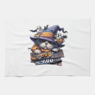 Cute Halloween Cat Sticker – Witch Hat, Pumpkin an Tea Towel