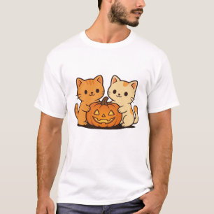 Cute Halloween Cat T-Shirt � Two Kawaii Cats Holdi