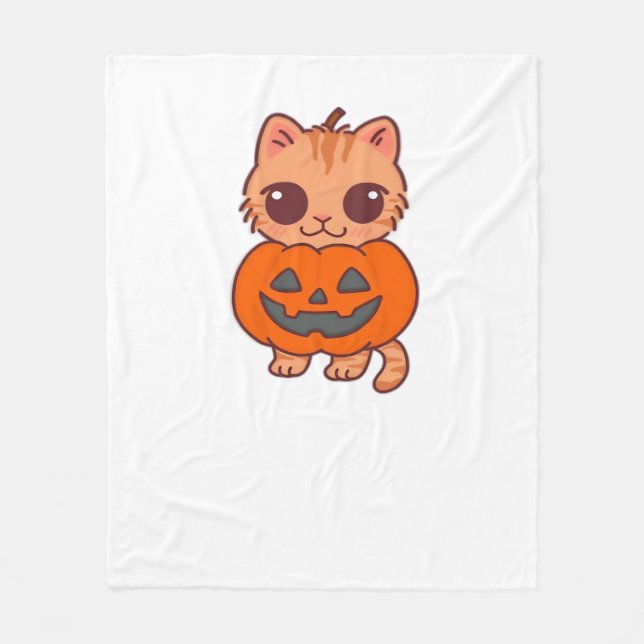 Cute Halloween Cat T-Shirt – Two Kawaii Cats Holdi Fleece Blanket (Front)
