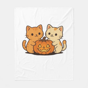 Cute Halloween Cat T-Shirt � Two Kawaii Cats Holdi Fleece Blanket