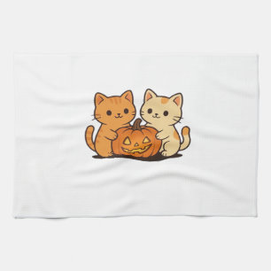 Cute Halloween Cat T-Shirt – Two Kawaii Cats Holdi Tea Towel