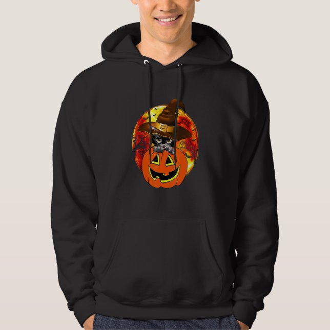 Cute Halloween Cat Witch Hat Pumpkin Scary Pet Moo Hoodie (Front)