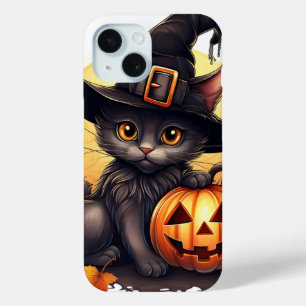 Cute Halloween Cat Witch on Pumpkin Fall Season iPhone 15 Case