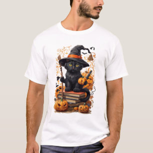 Cute Halloween Cat Witch on Pumpkin Fall Season T-Shirt