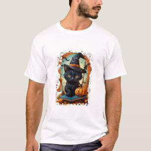 Cute Halloween Cat Witch on Pumpkin Fall Season T-Shirt
