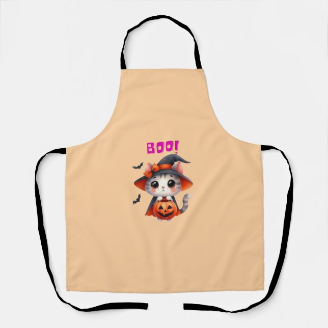Cute Halloween Cat with Pumpkin and Witch Hat Deco Apron (Front)