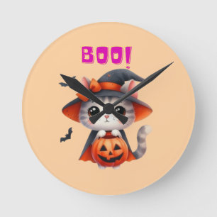 Cute Halloween Cat with Pumpkin and Witch Hat Deco Round Clock