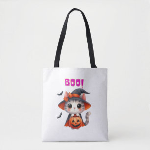 Cute Halloween Cat with Pumpkin and Witch Hat Deco Tote Bag