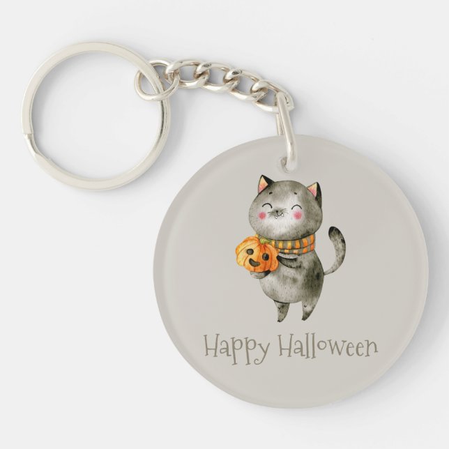 Cute Halloween Cat with Pumpkin | Keychain (Front)