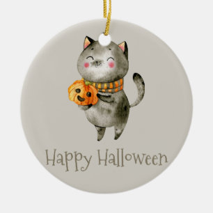 Cute Halloween Cat with Pumpkin   Ornament